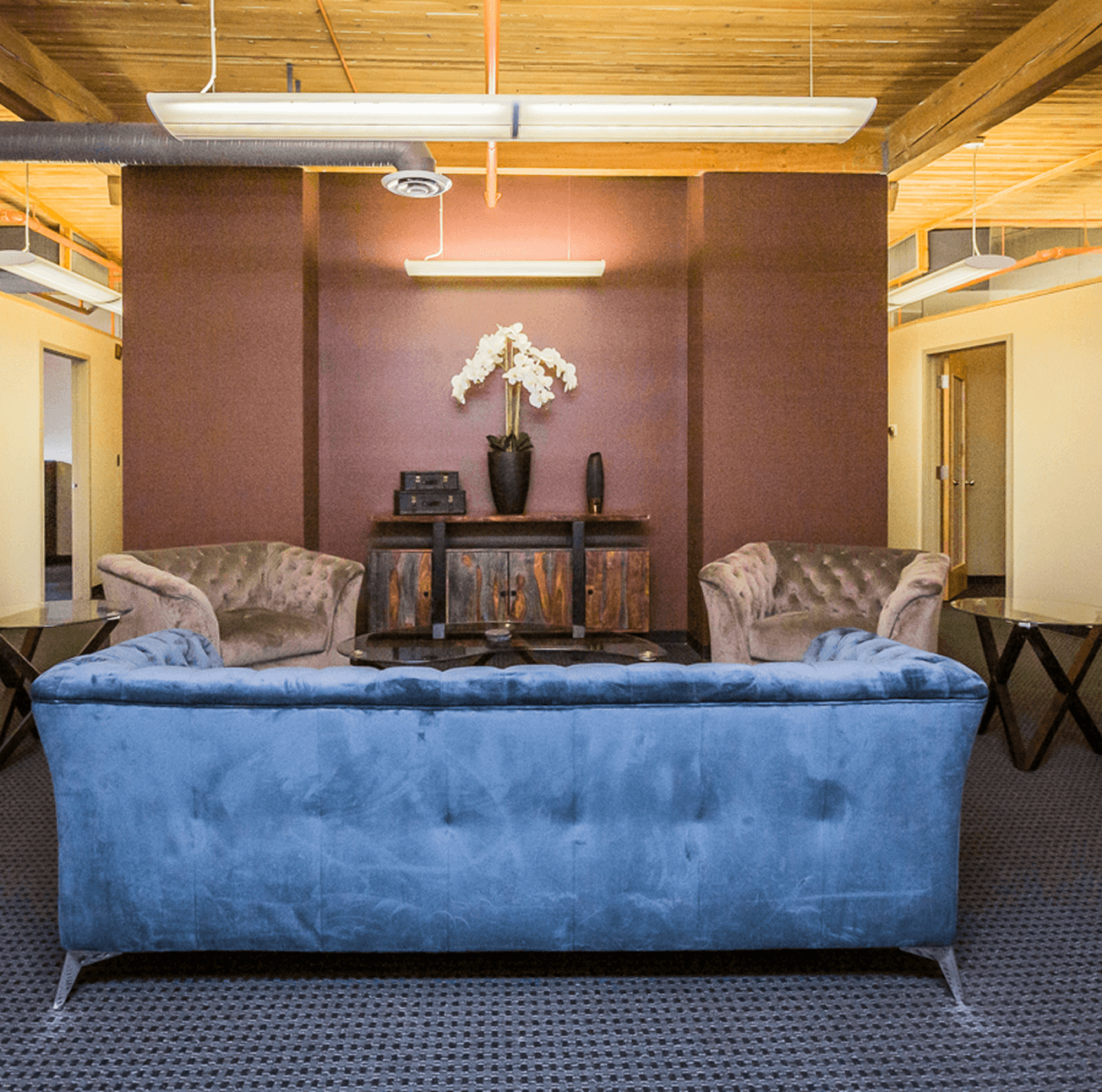Cozy seating area with orchids